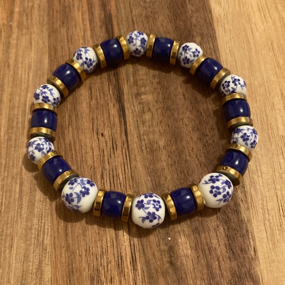 Handmade Blue & White Porcelain Bead Stretch Bracelet with Gold Accents